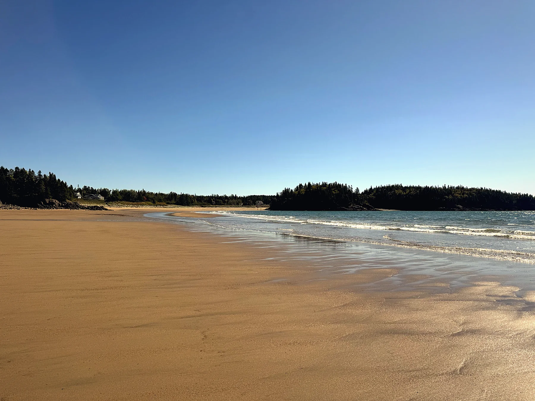 Wide sandy beach with gentle waves under a clear blue sky
