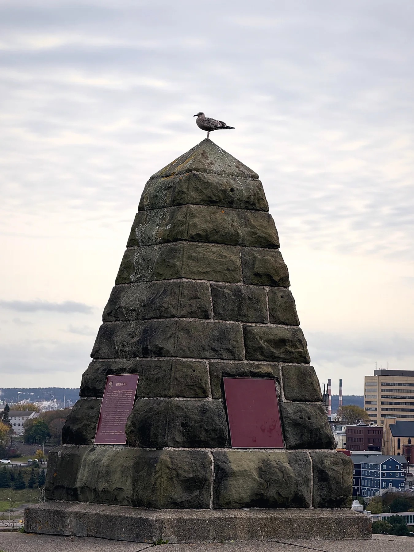 Stone monument with a seagull on top overlooking Saint John